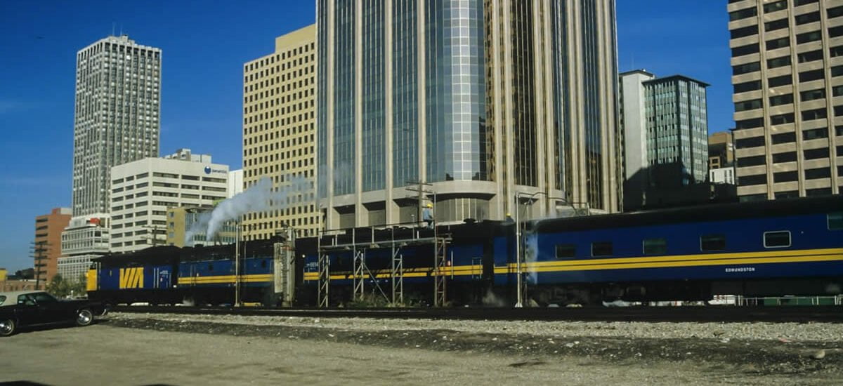 The Canadian heading west out of Calgary through the train wash, September 29, 1984. The sleeper Edmundston is deadheading.