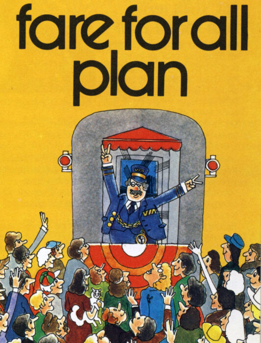 Advertising image of conductor at the end of a train with a cheering crowd. Caption "fare for all plan"